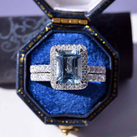 3Ct Aquamarine Engagement Ring Halo Emerald Step Cut Moissanite Engagement Ring, 9x7mm Emerald Cut Aquamarine Engagement Ring with Eternity Band