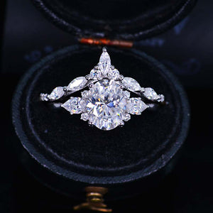 14K White Gold 2 Carat Oval Moissanite Halo Engagement Ring, Eternity Ring Set
