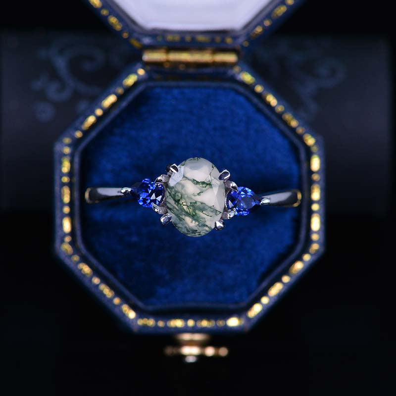 Carat Oval Genuine Moss Agate Gold Engagement Ring with Sapphire
