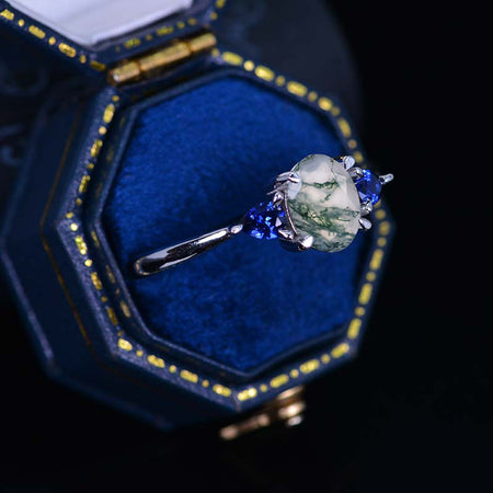 1 Carat Oval Genuine Moss Agate Gold Engagement Ring with Sapphire Accent Stones