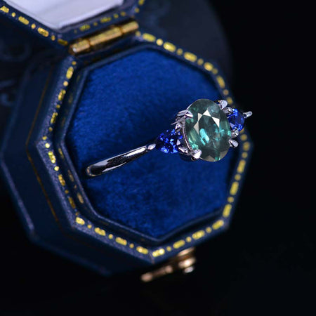 1 Carat Oval Teal Sapphire Gold Engagement Ring with Sapphire Accent Stones