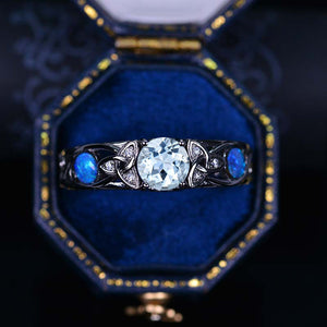 6mm Round Aquamarine Blue Opal Celtic Engagement Ring 14K Black Gold
