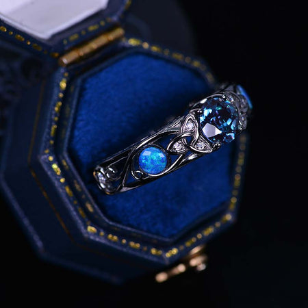 6mm Round Alexandrite Blue Opal Celtic Engagement Ring 14K Black Gold