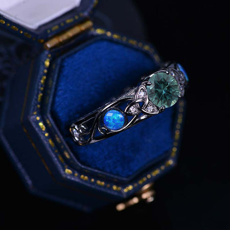 6mm Round Teal Sapphire Celtic Engagement Ring 14K Black Gold