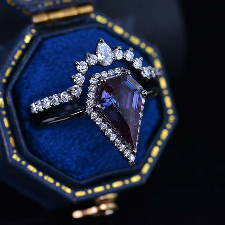 3 Carat Kite Alexandrite Moissanite Halo Engagement Ring, 14K Black Gold Rings Set