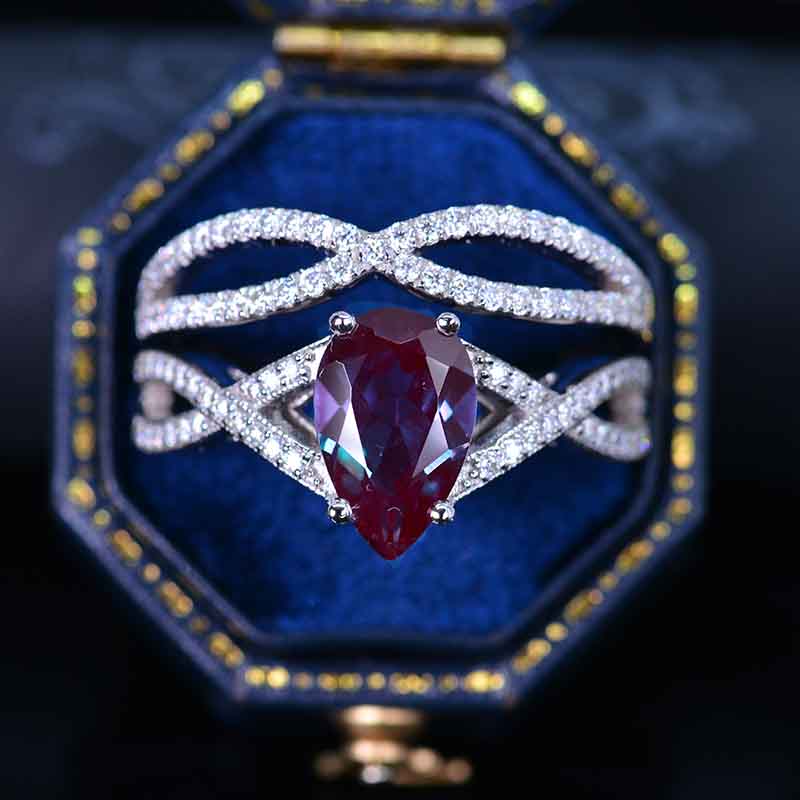 3 Carat Pear Alexandrite Halo Twisted Engagement Ring 14K White Gold Ring Set