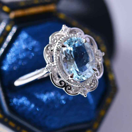 14K Solid White Gold Dainty Aquamarine Ring, 2ct Oval Cut Aquamarine Ring, Unique Oval Halo Vintage Ring.