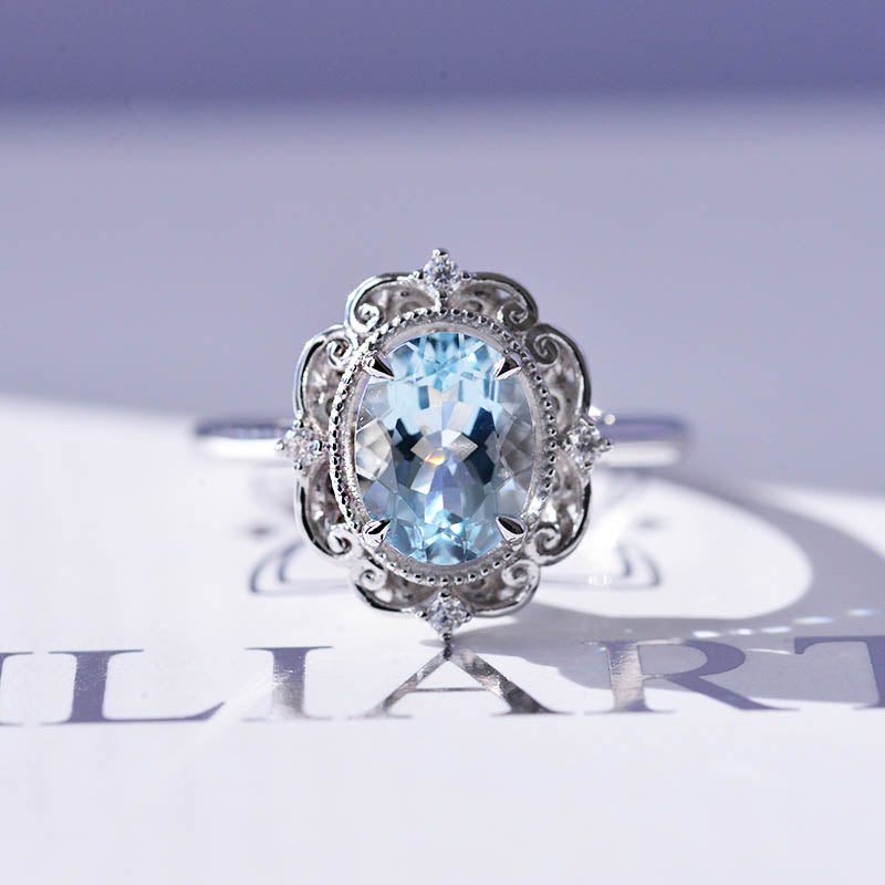 14K Solid White Gold Dainty Aquamarine Ring, 2ct Oval Cut Aquamarine Ring, Unique Oval Halo Vintage Ring.