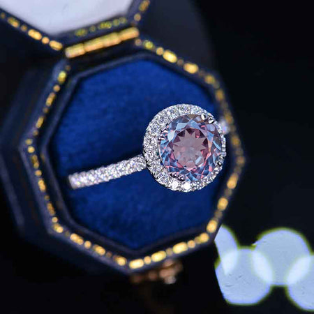 2 Carat Portuguese Cut Alexandrite Halo Gold Engagement Promissory Ring