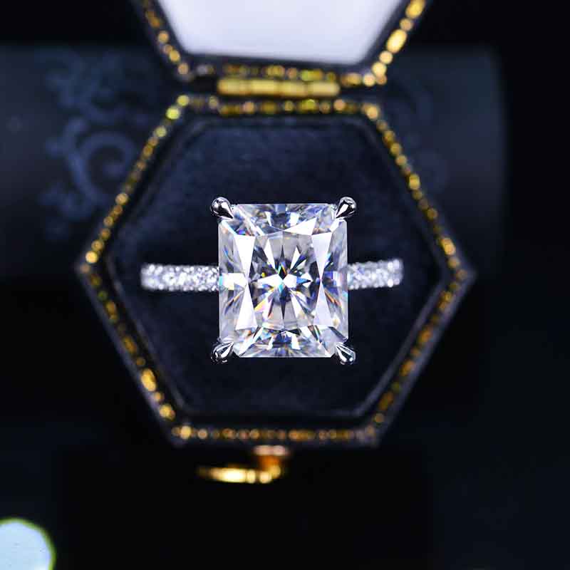 8 ct Radiant Cut Moissanite Engagement Ring Solitaire Radiant Ice Crushed Cut Moissanite Engagement Ring Pave Accents Stones Hidden Halo 7.25 18K