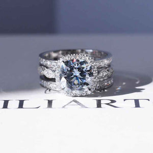 3 Carat Gray Moissanite Cushion Halo Engagement Diamond 14K White Gold Three Ring Eternity Ring Set