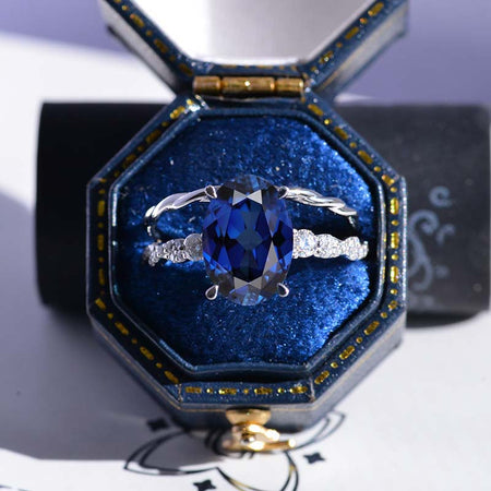 14K White Gold 3.5 Carat Oval Blue Sapphire Rope Engagement Ring Eternity Ring Set Model 423s-11x8