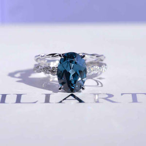 14K White Gold 3.5 Carat Oval Teal Sapphire Rope Engagement Ring Eternity Ring Set