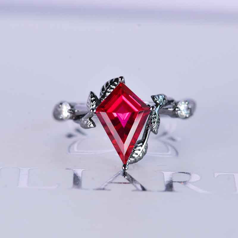 2.5 Carat Kite Ruby Twig Floral Leaf 14K Black Gold Engagement Ring