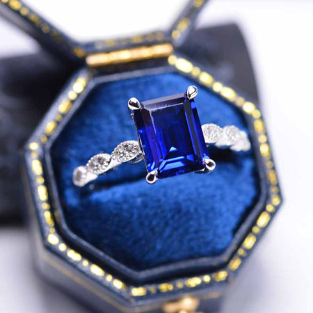 2 Carat 9x7mm Emerald Cut Royal Blue Sapphire White Gold Engagement Ring