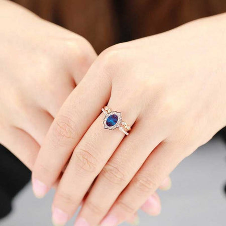 Vintage Oval Shaped Fireworks Cut Alexandrite Engagement Ring 14K Flower Rose Gold Ring Set for Women. Vintage Oval Halo Gold Ring Set