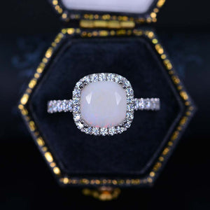 2.5 Carat Cushion Genuine Natural White Opal Halo Engagement Ring. Victorian 14K White Gold Ring
