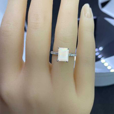 Luxury 3 Carat Radiant Cut Genuine White Opal Hidden Halo Engagement 14K White Gold Ring
