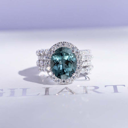 4Ct Teal Sapphire Halo Engagement Vintage Ring, Oval Shape Cut Teal Sapphire Engagement Ring, Accents Stones 14K White Halo Gold Ring