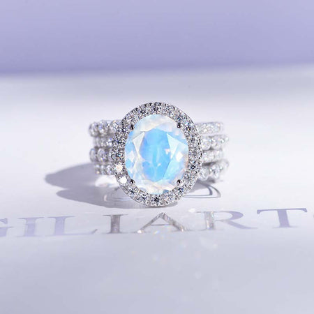 4Ct Natural Moonstone Halo Engagement Vintage Ring, Oval Shape Cut Natural Moonstone Engagement Ring, Accents Stones 14K White Halo Gold Ring