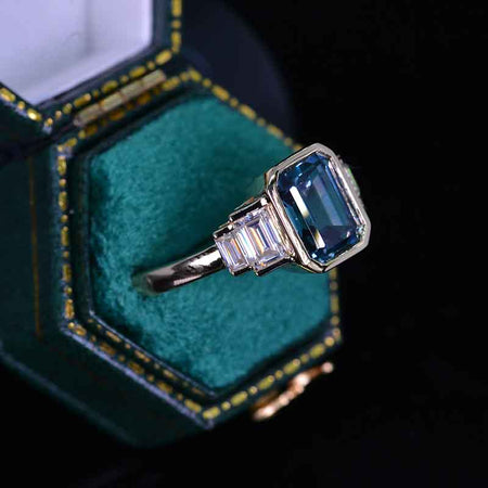 3 Carat Teal Sapphire Emerald Cut Bezel Set Teal Sapphire Five-Stone  14K Yellow Engagement Ring