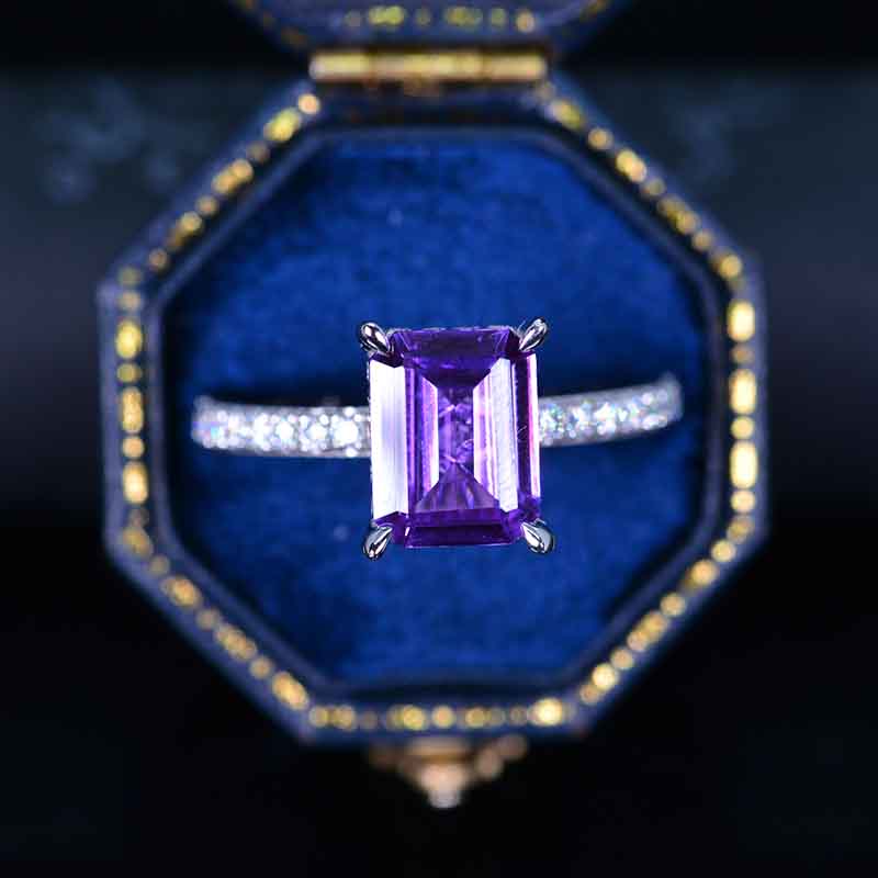 3Ct Purple Sapphire Engagement Ring, Solitaire Emerald Cut Purple Sapphire Engagement Ring, Purple Sapphire Pave Accents Stones Hidden Halo