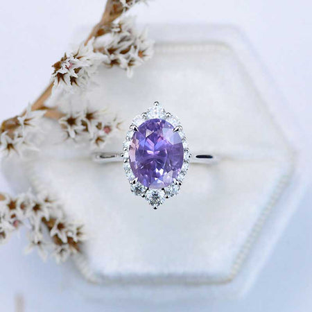 14K White Gold 3 Carat Oval Purple Sapphire Halo Engagement Ring