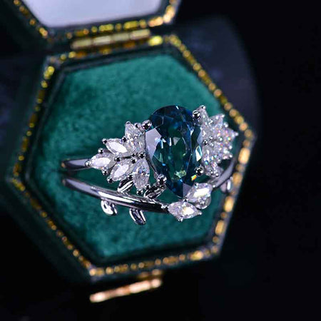 3CT Pear Shape Teal Sapphire Engagement Ring Set, 3 Carat Pear Floral Twig Design 14K White Gold,