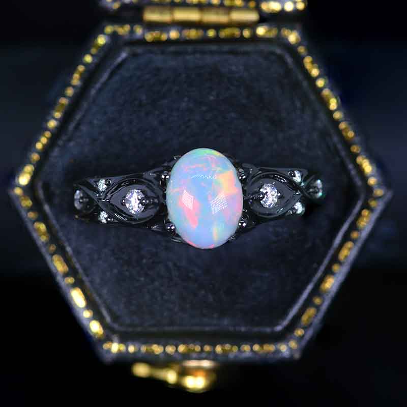 14K Black Gold Oval White Opal Celtic Engagement Ring