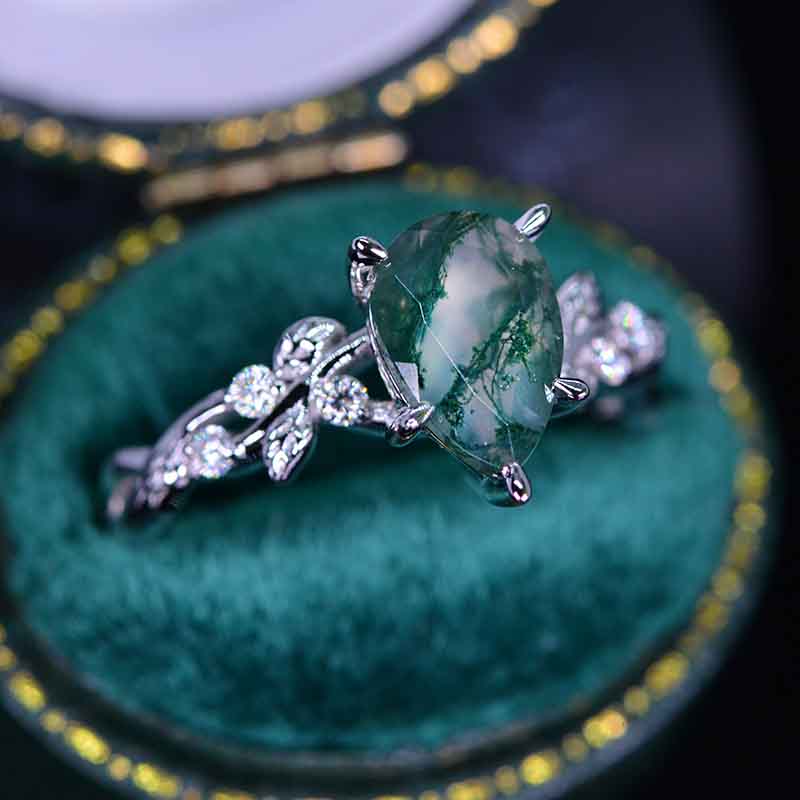 3 Carat Pear Cut Moss Agate Floral Gold Engagement Ring