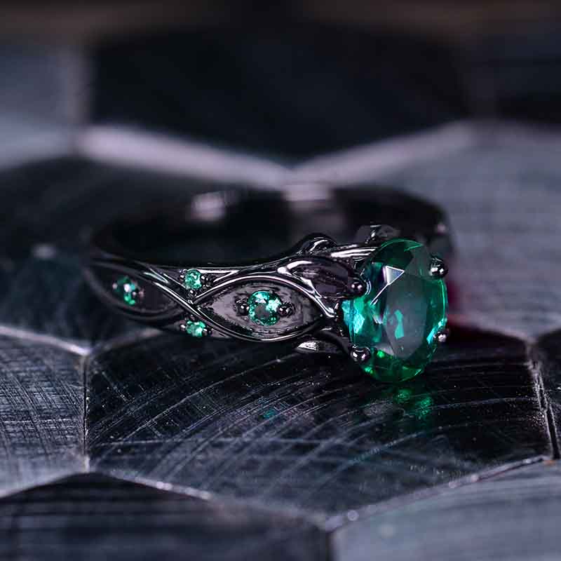 14K Black Gold Oval Emerald Celtic Engagement Ring