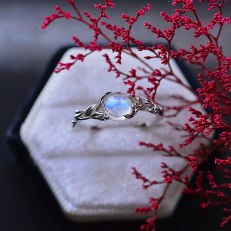 Silver Dainty Natural Moonstone Ring.  Round Moonstone Floral Ring