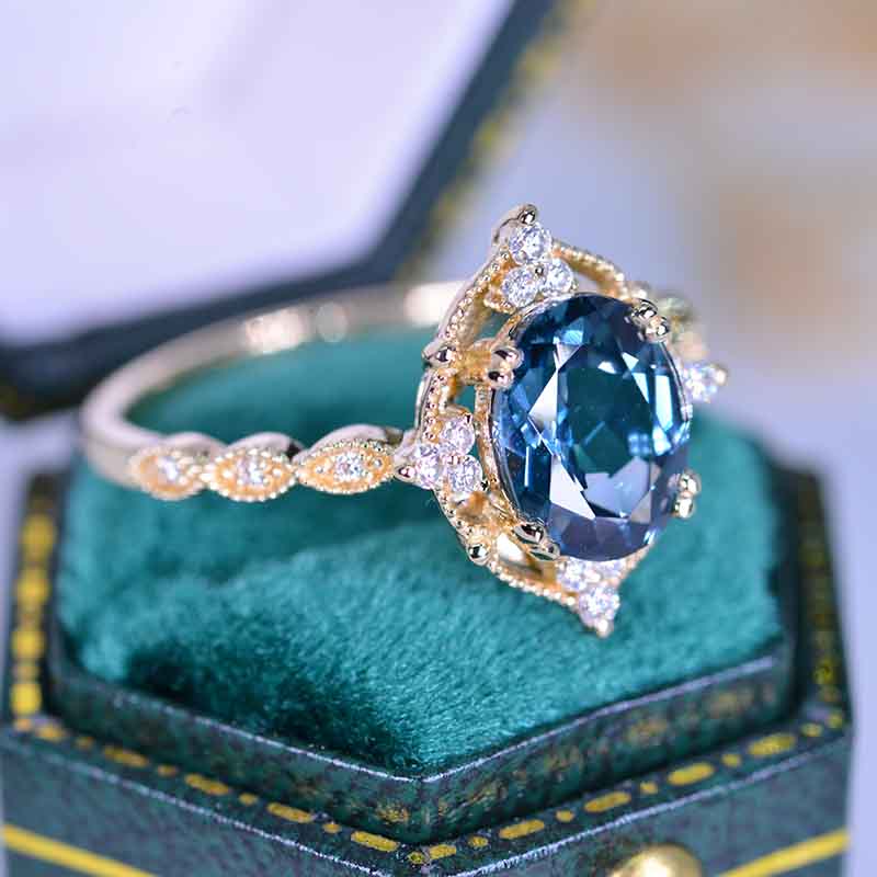 2 Carat Oval Teal sapphire Halo Vintage Engagement Ring