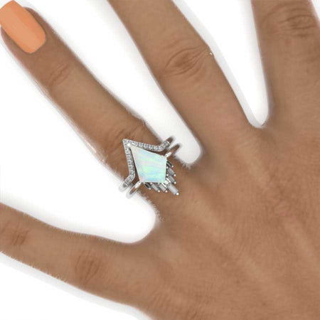14K Yellow Gold 4 Carat Kite Genuine White Opal Halo Engagement Ring, Eternity Ring Set