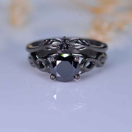 Black Moissanite Lattice Black Gold Celtic Engagement Ring Set