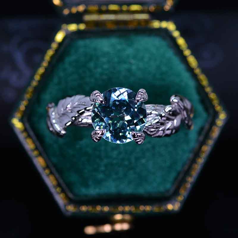 2Ct Teal Sapphire 14K White Gold Engagement Ring, Design Floral Twig Style Engagement Ring, Leaf Promissory Ring.