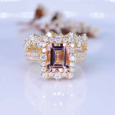 3Ct Natural Morganite Engagement Ring. Halo Emerald Cut Genuine Morganite Engagement Ring, 8x6mm Step Cut Morganite Yellow Gold Engagement Ring with Eternity Band Model 572-9x7 &  572E