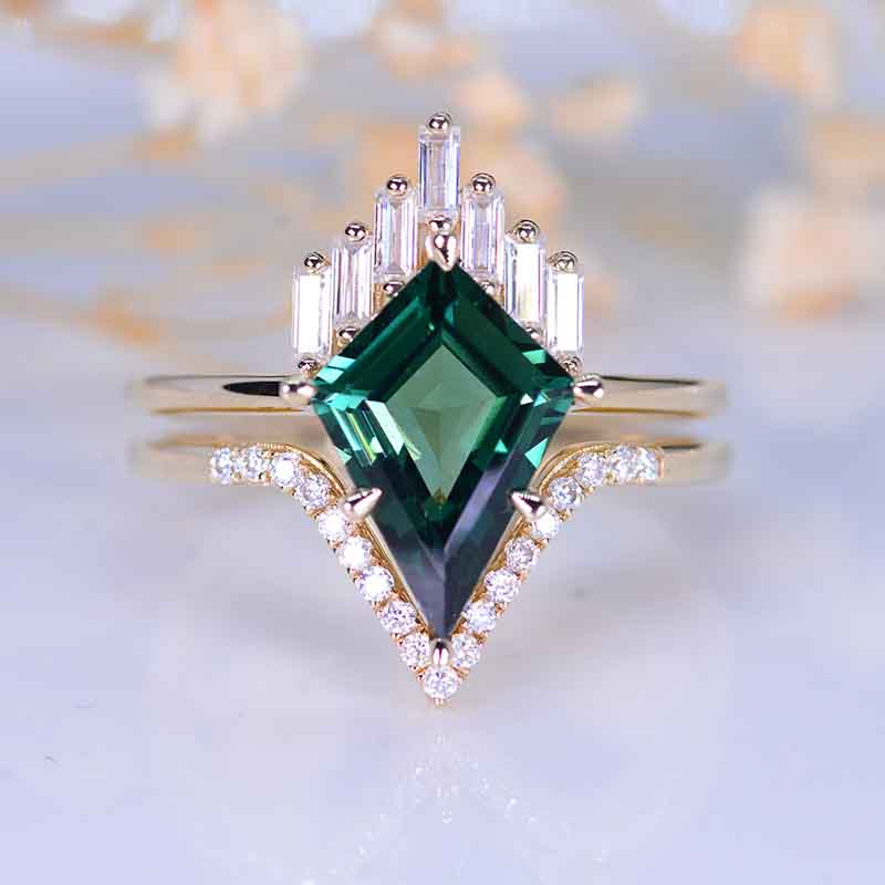 14K Yellow Gold 5 Carat Kite Teal Sapphire Halo Engagement Ring, Eternity Ring Set