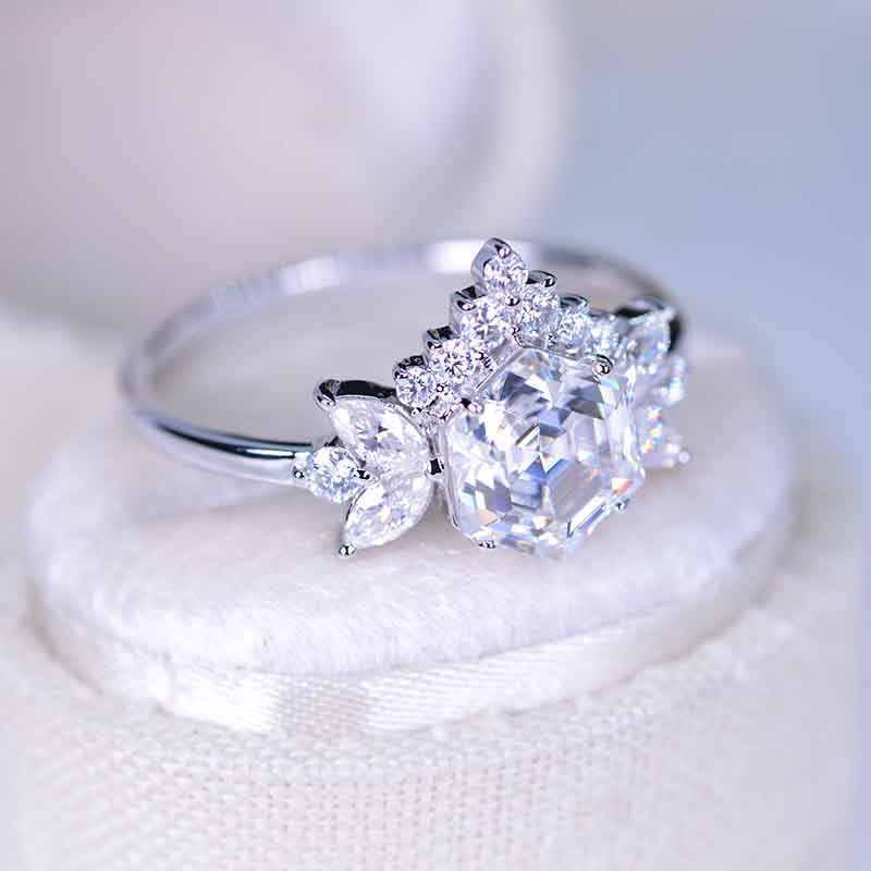 3 Carat Hexagon Snowflake Moissanite Cluster Halo 14K White Gold Engagement Ring
