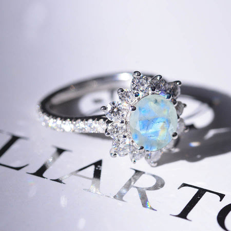 2 Carat Round Genuine Moonstone Snowflake Halo Engagement Ring. Victorian 14K White Gold Ring