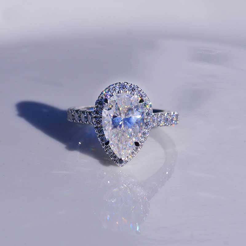 14K Solid White Gold 3 Carat Halo Pear Cut Moissanite Royal Engagement Ring