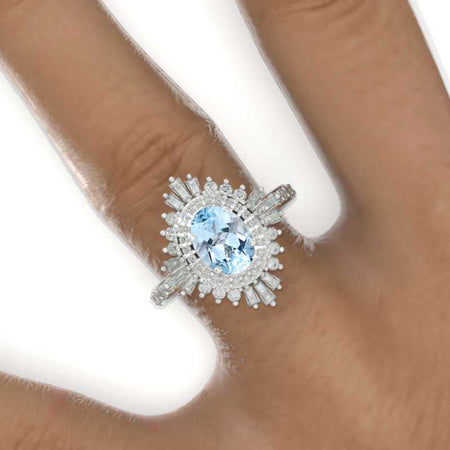 2 Carat Genuine Natural Aquamarine Oval Cut Halo  Gold Engagement Ring