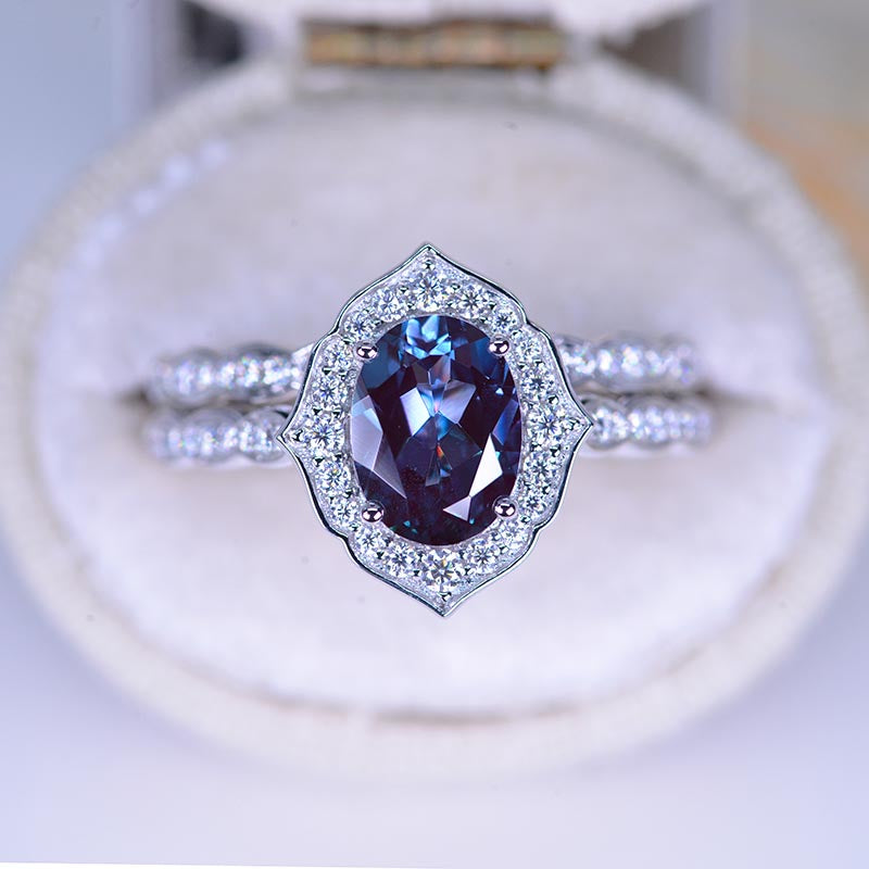 14K Solid Gold Ring 1.5CT Oval Alexandrite Wedding Ring Alexandrite Halo Engagement Ring Anniversary Promise Eternity Gold Ring Set