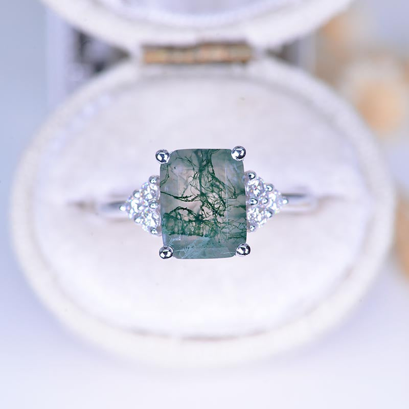 Emerald Cut 9x7mm with 2mm Sub stones Genuine Moss Agate White Gold Engagement Ring