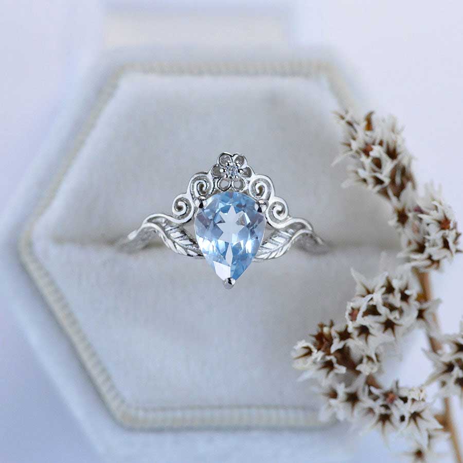 Genuine Natural Aquamarine Pear Shape Floral Gold Ring