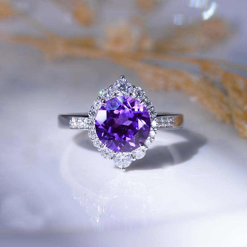 3 Carat Round Purple Sapphire Halo Gold Engagement Ring