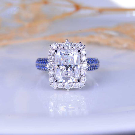 4Ct Moissanite Engagement Ring Halo Radiant Cut Moissanite Engagement Ring, 10x8mm Radiant Cut Moissanite Engagement Ring with Sapphire Eternity Band