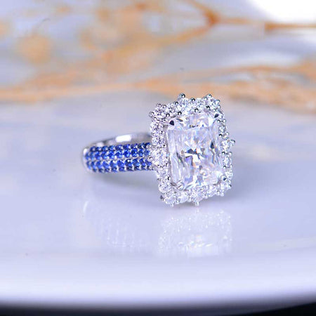 4Ct Moissanite Engagement Ring Halo Radiant Cut Moissanite Engagement Ring, 10x8mm Radiant Cut Moissanite Engagement Ring with Sapphire Eternity Band