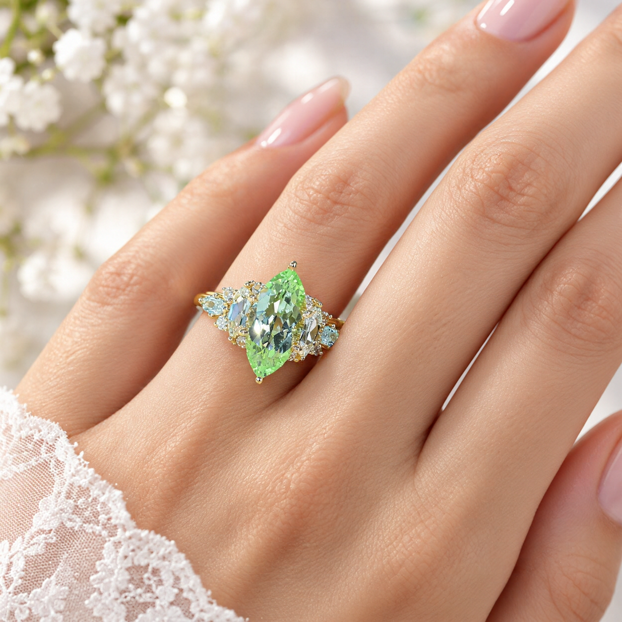 14K White Gold 2 Carat Marquise Cut Green Mint Sapphire Halo Engagement Ring Model 1328