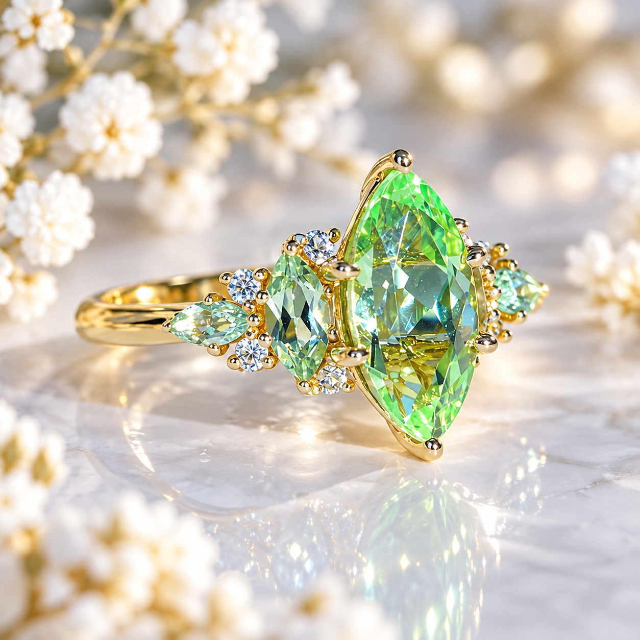 14K White Gold 2 Carat Marquise Cut Green Mint Sapphire Halo Engagement Ring Model 1328